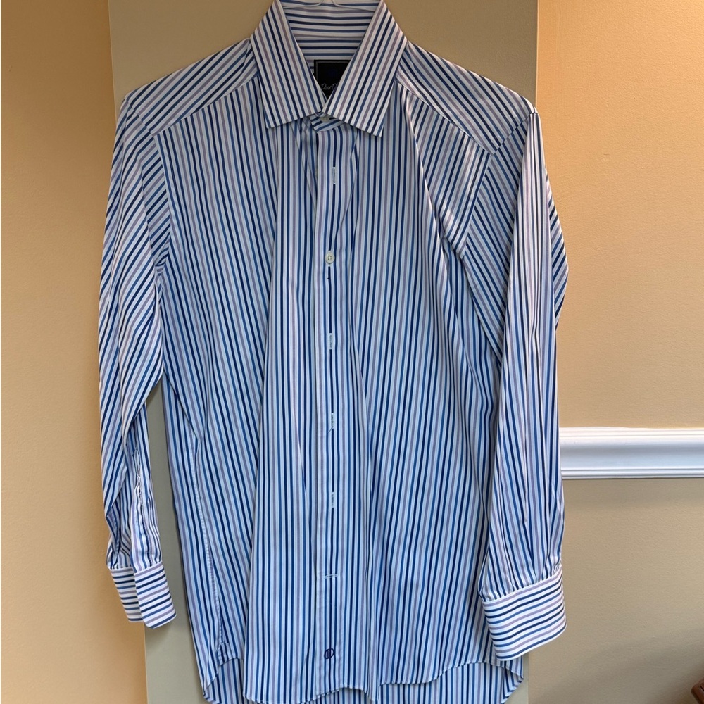 David Donahue Blue and White Vertical Stripe Dress Shirt